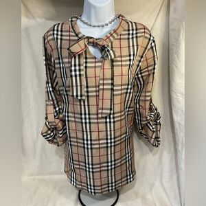 Plaid Bow Tie 3/4 Sleeve Blouse